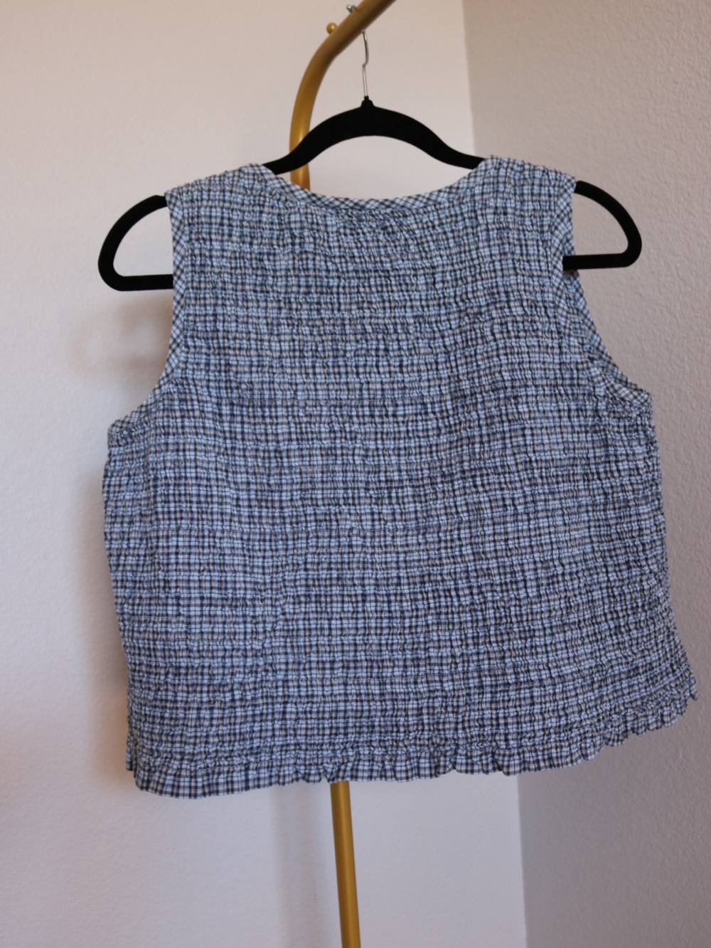 Vintage Fashion Bug Smocked Plaid Crop Top 100% Cotton Sky Blue Navy Yellow L - Picture 2 of 9